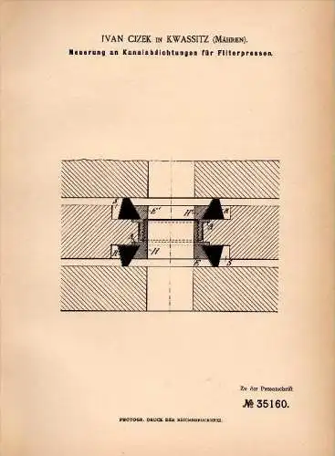 Original Patentschrift - Ivan Cizek in Kwassitz / Kvasice ,1885 , Abdichtung für Filterpresse , Presse , Krom&#283;&#345