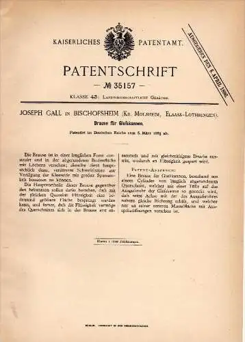 Original Patentschrift - J. Gall dans Bischoffsheim à Molsheim , 1885 , Buse d'arrosage , agriculture , Bischofsheim !!