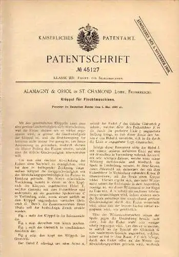 Original Patentschrift - Alamagny & Oriol dans Saint Chamond , Loire , 1888 , Bobines pour machine à tresser !!!