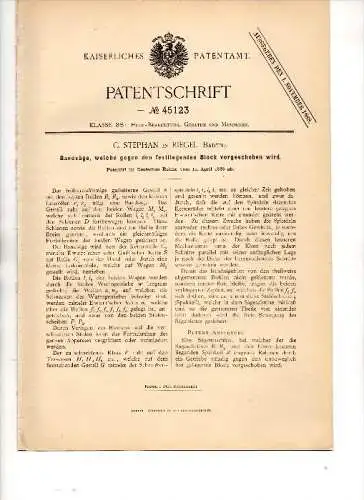 Original Patentschrift -C. Stephan in Riegel b. Emmendingen ,1888, Bandsäge , Säge , Tischlerei , Sägewerk , Holz !!!