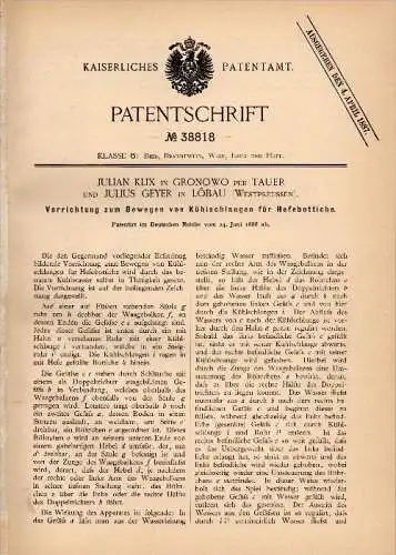 Original Patentschrift -J. Geyer in Löbau / Lubawa ,1886, Apparat für Brauerei , Alkohol , Hefe , Bier , Gronowo / Tauer