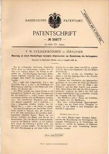 Original Patentschrift - F.W. Steinenböhmer in Iserlohn ,1886, Zeigerwerk für Kartengeber , Skat , Spielkarten , Karten