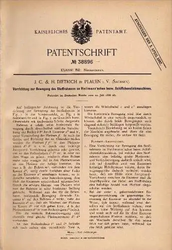 Original Patentschrift - J.C. & H. Dietrich in Plauen i.V. , 1886 , Apparat für Stickmaschine , Stickerei , Sticken !!!