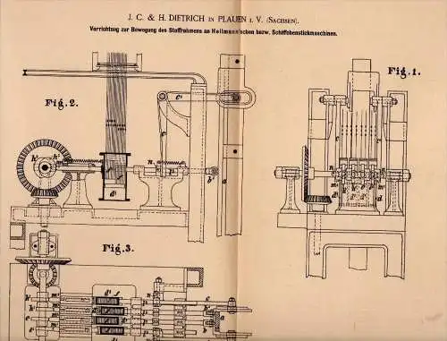 Original Patentschrift - J.C. & H. Dietrich in Plauen i.V. , 1886 , Apparat für Stickmaschine , Stickerei , Sticken !!!