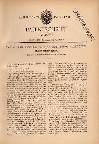 Original Patentschrift - Emil Steffan in Ensheim b. Wörrstadt ,1886, Rad mit endloser Schiene , E. Peters in Remscheid !