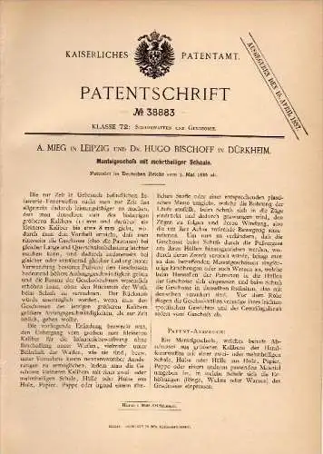 Original Patentschrift -Dr. Hugo Bischoff in Dürkheim ,1886, mehrteiliges Mantelgeschoß, Patrone , Munition , Infanterie