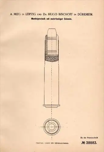 Original Patentschrift -Dr. Hugo Bischoff in Dürkheim ,1886, mehrteiliges Mantelgeschoß, Patrone , Munition , Infanterie