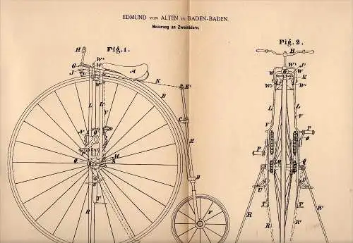 Original Patentschrift - Edmund von Alten in Baden - Baden , 1886 , Fahrrad , Hochrad , bicycle !!!