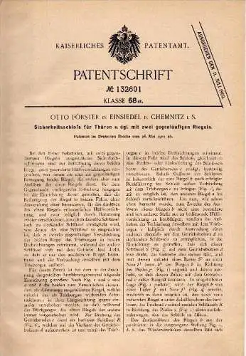 Original Patentschrift - Otto Förster in Einsiedel b. Chemnitz i.S., 1901 , Sicherheitsschloß , Schlüsseldienst , Türen