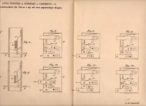 Original Patentschrift - Otto Förster in Einsiedel b. Chemnitz i.S., 1901 , Sicherheitsschloß , Schlüsseldienst , Türen