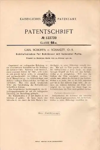 Original Patentschrift -Carl Schoppa in Szarlej / Scharley ,1901, Kolben für Schlösser, Deutsch Piekar / Piekary Śl