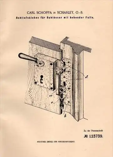 Original Patentschrift -Carl Schoppa in Szarlej / Scharley ,1901, Kolben für Schlösser, Deutsch Piekar / Piekary &#346;l