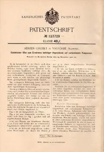 Original Patentschrift -  Adrien Grobet in Vallorbe , 1900 , elektrischer Ofen , Heizung , Heizungsbau !!!