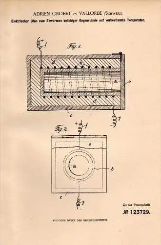 Original Patentschrift -  Adrien Grobet in Vallorbe , 1900 , elektrischer Ofen , Heizung , Heizungsbau !!!