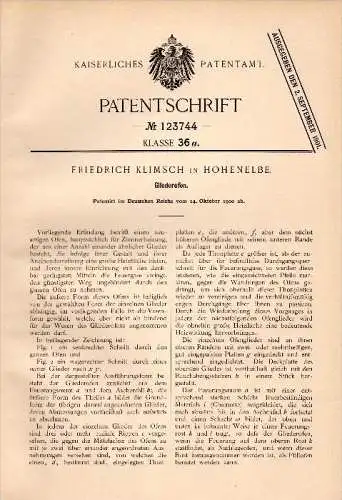 Original Patentschrift - Friedrich Klimsch in Hohenelbe / Vrchlabí , 1900 , Gliederofen , Ofen , Heizung !!!