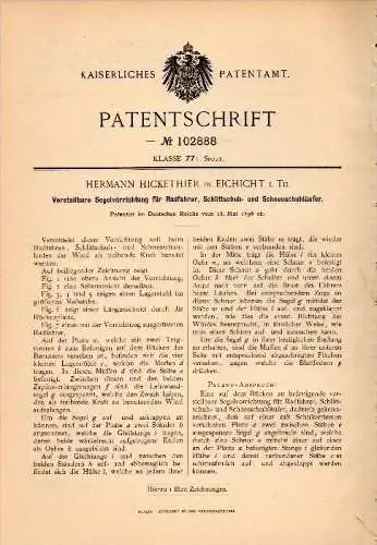 Original Patentschrift - Hermann Hickethier in Eichicht / Kaulsdorf i. Th.,1898, Segelvorrichtung für Radfahrer , Segeln