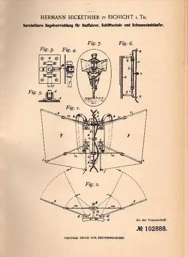 Original Patentschrift - Hermann Hickethier in Eichicht / Kaulsdorf i. Th.,1898, Segelvorrichtung für Radfahrer , Segeln