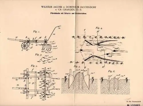 Original Patentschrift -W. Jacobi in Jakubowice / Jacobsdorf ,1898, Pferdehacke , Agrar , Grudynia Wielka / Groß Grauden