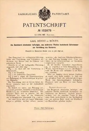 Original Patentschrift - Karl Menne in Bönen ,1898, Schwimmer zur Verhütung des Kenterns , Boot , Schiff , Seenot , Unna