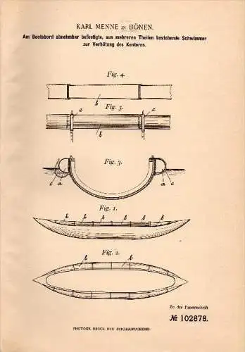 Original Patentschrift - Karl Menne in Bönen ,1898, Schwimmer zur Verhütung des Kenterns , Boot , Schiff , Seenot , Unna