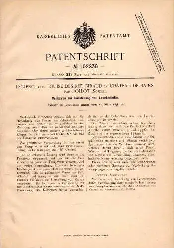 Original Patentschrift - Leclerc ,L. D. Giraud dans Chateau de Bains par Rollot , Somme ,1898, Production de fluorescent
