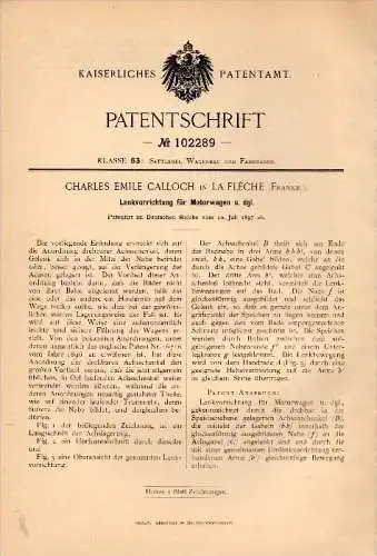 Original Patentschrift - Ch. E. Calloch dans La Flèche , 1897, Direction assistée pour véhicules à moteur , automobile !