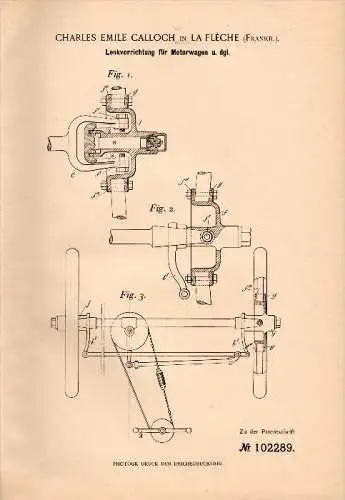 Original Patentschrift - Ch. E. Calloch dans La Flèche , 1897, Direction assistée pour véhicules à moteur , automobile !