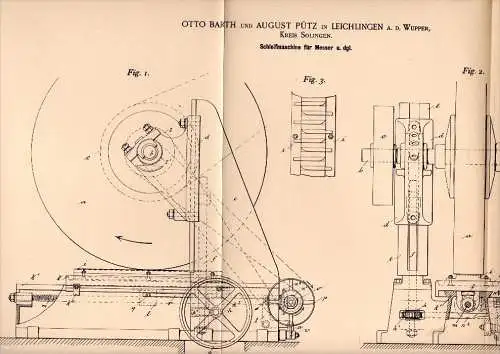 Original Patentschrift - Otto Barth und A. Pütz in Leichlingen a.d. Wupper , 1895, Schleifmaschine für Messer , Solingen