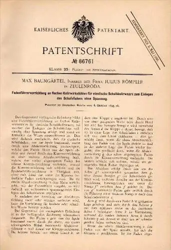 Original Patentschrift - Max Baumgärtel in Firma J. Römpler in Zeulenroda ,1895, Apparat für Strickmaschine , Strickerei