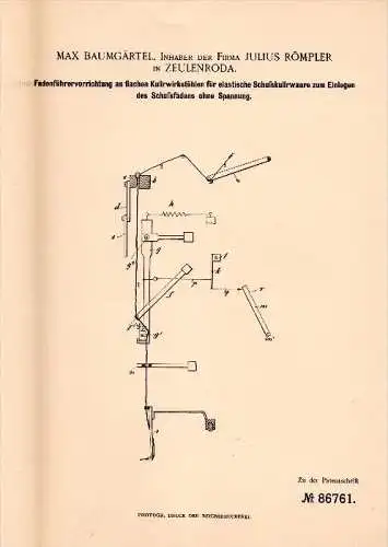 Original Patentschrift - Max Baumgärtel in Firma J. Römpler in Zeulenroda ,1895, Apparat für Strickmaschine , Strickerei