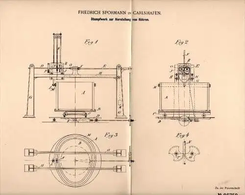 Original Patentschrift - F. Spormann in Carlshafen / Bad Karlshafen , 1895 , Stampfwerk für Röhren , Kassel !!!