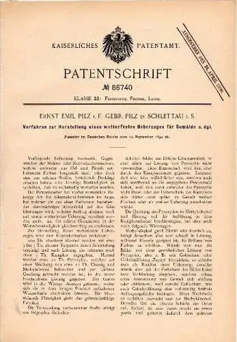 Original Patentschrift - Ernst Emil Pilz in Schlettau i. Sachsen , 1894 , wetterfester Überzug für Gemälde , Malerei !!