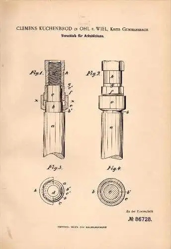 Original Patentschrift - C. Kuchenbrod in Ohl b. Wiehl / Gummersbach , 1895 , Verschluß für Achsbüchsen , Wagenbau !!!