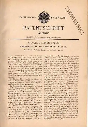 Original Patentschrift - W. Evers in Lianno / Lniano i. Westpr. , 1895 , Hackmaschine , Landwirtschaft , Agrar , Linne !