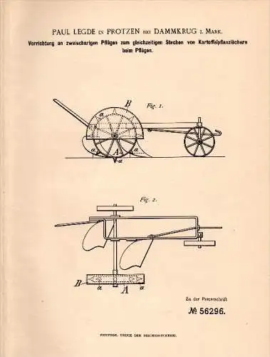 Original Patentschrift - Paul Legde in Protzen / Fehrbellin , 1890 , zweischariger Pflug , Landwirtschaft , Agrar !!!