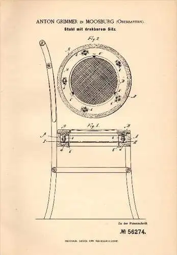 Original Patentschrift - Anton Grimmer in Moosburg , Oberbayern , 1890 , Stuhl mit drehbarem Sitz , Drehstuhl , Möbel !!