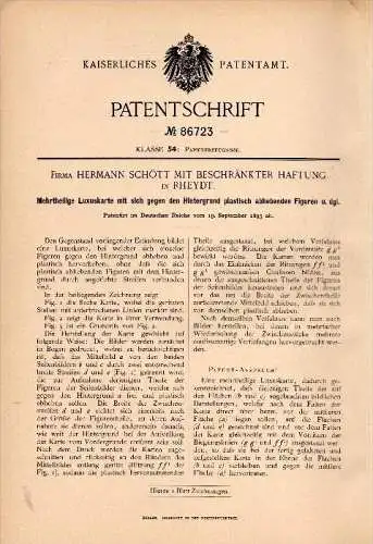 Original Patentschrift - mehrteilige Luxuskarte , plastisch , 1895, Hermann Schött in Rheydt , Postkarte , Ansichtskarte