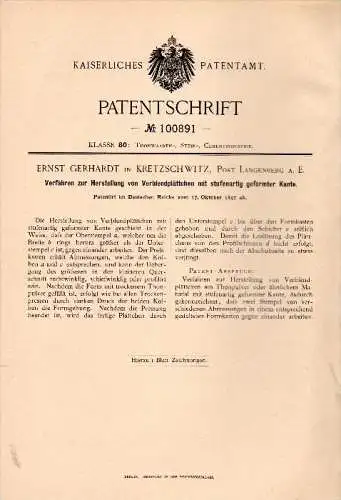 Original Patentschrift - Ernst Gerhardt in Cretzschwitz , Post Langenberg a. E. , 1897 , Verblendplättchen , Thon , Gera