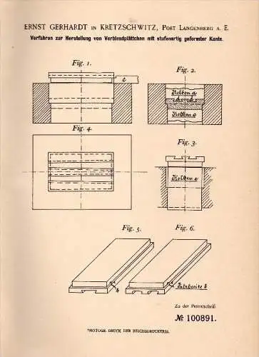 Original Patentschrift - Ernst Gerhardt in Cretzschwitz , Post Langenberg a. E. , 1897 , Verblendplättchen , Thon , Gera