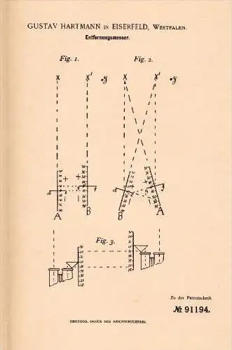 Original Patentschrift - Gustav Hartmann in Eiserfeld b. Siegen , 1896 , Entfernungsmesser , Meßinstrument !!!