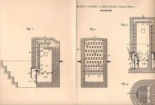 Original Patentschrift - Moritz Herwig in Dillenburg b. Gießen , 1896 , Generatorofen , Feuerung , Heizung , Heizungsbau