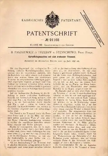 Original Patentschrift - B. Paszkiewicz in Trzebaw b. Polanów / Pollnow , 1896 , Kartoffel - Legemaschine , Stenschewo !