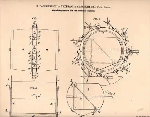 Original Patentschrift - B. Paszkiewicz in Trzebaw b. Polanów / Pollnow , 1896 , Kartoffel - Legemaschine , Stenschewo !