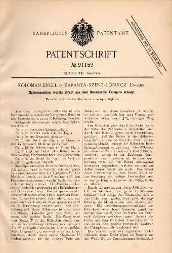 Original Patentschrift - Koloman Engel in Szentlörinc / Baranya , 1896 , Spinnmaschine für Feingarn , Spinnerei !!!