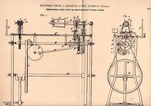 Original Patentschrift - Koloman Engel in Szentlörinc / Baranya , 1896 , Spinnmaschine für Feingarn , Spinnerei !!!