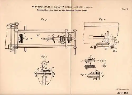 Original Patentschrift - Koloman Engel in Szentlörinc / Baranya , 1896 , Spinnmaschine für Feingarn , Spinnerei !!!