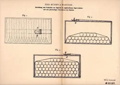 Original Patentschrift - Ferd. Müssen in Warstein b. Soest , 1896 , Vorrichtung für Cigarrenkisten , Cigarre , Tabak !!!