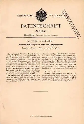 Original Patentschrift -  Dr. Focke in Eidelstedt b. Hamburg , 1896 , Reinigung von Eisen und Stahl , Metallbau !!!