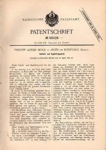 Original Patentschrift - P.A. Mock in Arlen b. Konstanz , 1890 , Schleif- und Egalisierapparat , Rielasingen-Worblingen