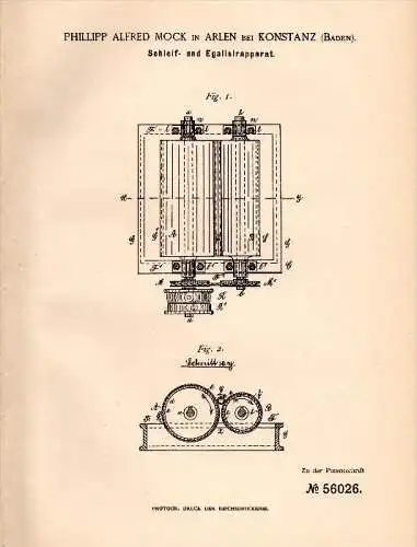 Original Patentschrift - P.A. Mock in Arlen b. Konstanz , 1890 , Schleif- und Egalisierapparat , Rielasingen-Worblingen